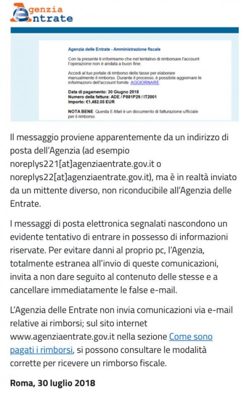 Boom di truffe online e phishing. Miriade di false email con finti rimborsi dell’Agenzia delle Entrate