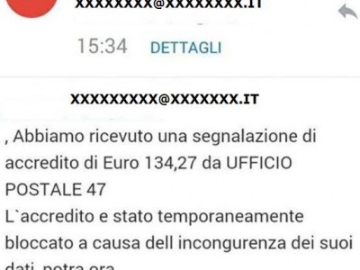 Finti accrediti sulla PostePay. Nuovo phishing con la truffa online della mail che ci comunica il blocco di un fantomatico accredito in realtà è un modo per accedere abusivamente ai nostri conti.