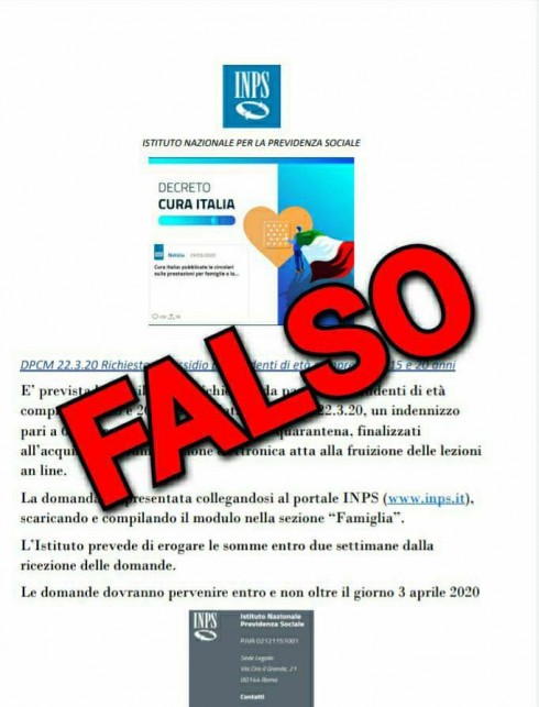 Coronavirus e INPS: falsa comunicazione di richiesta di sussidio per studenti di età compresa tra 15 e 20 anni. 