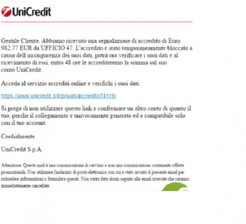 Messaggio email con accredito bloccato sul conto UniCredit? Una truffa