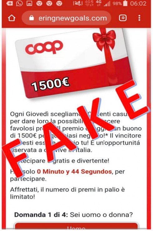 Le truffe online non si fermano. Altro finto buono da 1500 euro di Coop. 