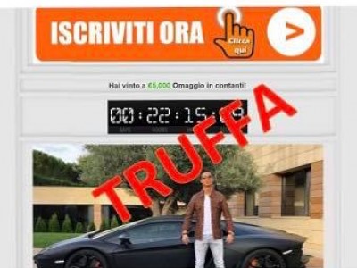 Falso concorso con l’immagine di Cristiano Ronaldo. Finta pagina web con una fantomatica vincita di una somma di denaro. 