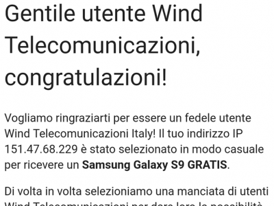 Truffe online. Finti regali di Wind. Che ovviamente non ne sa nulla. La bufala del Samsung Galaxy S9 in dono.