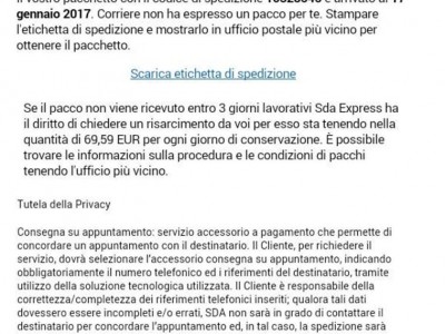 Il falso pacchetto si rivela un “pacco”. Il corriere SDA nel mirino degli hacker e truffatori telematici. 