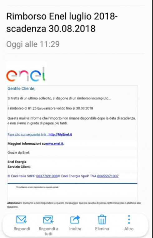 Falsi rimborsi Enel via mail. Lo “Sportello dei Diritti”: è una truffa