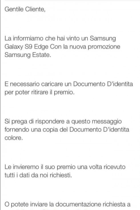 Boom di messaggi per finti regali di un Samsung S9. Ora il truffatore di turno chiede anche il documento d’identità