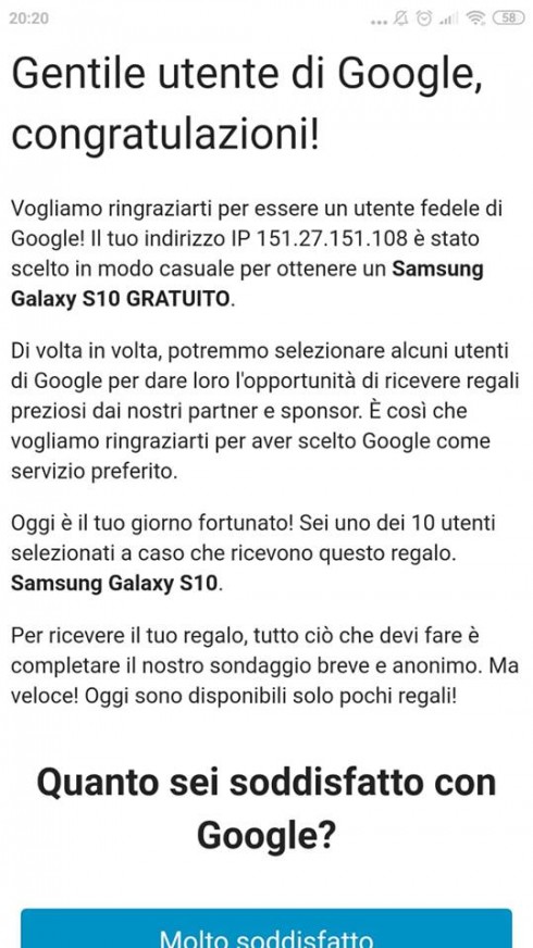 Truffe online. Finti regali di Google. Che ovviamente non ne sa nulla.La bufala del Samsung Galaxy S10 in dono. 