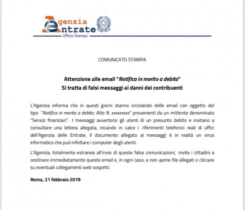 Nuove Email Truffa - "Notifica in merito a debito" - Agenzia Entrate