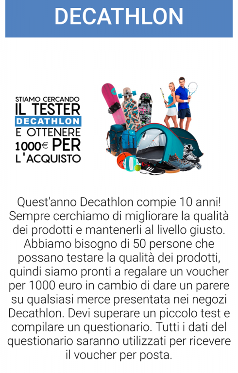 Truffe online con finti “Buoni Decathlon”. Messaggi a gogo con l’utilizzo abusivo del marchio Decathlon