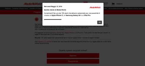 Truffe online e phishing. Mail a gogo del falso omaggio “Mediaworld” che promette la vincita di Apple Iphone X, Samsung Galaxy S9 o Ipad Pro