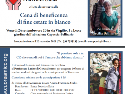 Nel ricordo di Cecilia Bellisario: Associazione Cuore Amico Fraternità Onlus è lieta di invitarvi alla”Cena di beneficenza di fine estate in bianco”