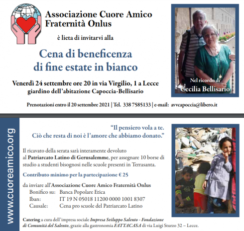 Nel ricordo di Cecilia Bellisario: Associazione Cuore Amico Fraternità Onlus è lieta di invitarvi alla”Cena di beneficenza di fine estate in bianco”