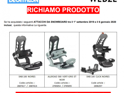 Decathlon richiama attacchi da snowboard difettosi: rischio lesioni anche gravi. 