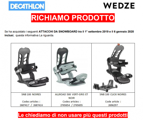 Decathlon richiama attacchi da snowboard difettosi: rischio lesioni anche gravi. 