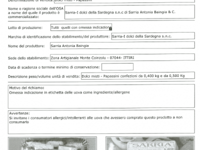 Dolci misti richiamati dal mercato: allergene non dichiarato. L’allerta del Ministero della Salute per rischio fisico.