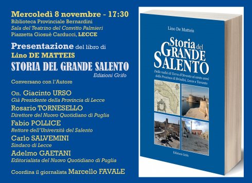 Lecce, Biblioteca Provinciale Bernardini, mercoledì presentazione del libro “Storia del Grande Salento"