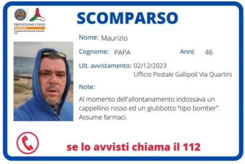 Chi l’ha visto? Maurizio Papa, 46 anni, si è allontanato da casa sabato 2 dicembre e non ha fatto più rientro