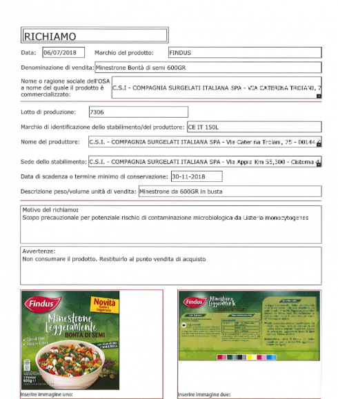 Listeria nei surgelati, domenica di allerte per il Ministero della salute: 14 SOS lanciati per lotti di minestrone surgelato “FINDUS”. 