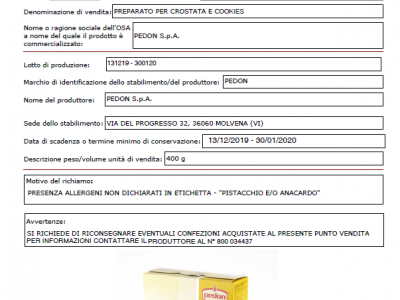 Ritirato dal Ministero della Salute preparato per crostata e cookies Pedon