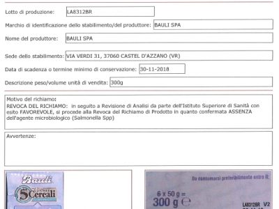 Bauli, ipotesi salmonella. Ministero segnala revoca per analisi di revisione favorevole