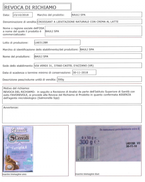 Bauli, ipotesi salmonella. Ministero segnala revoca per analisi di revisione favorevole