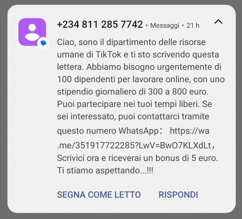 Allerta in rete della Polizia Postale per le false proposte lavorative provenienti da falso dipartimento delle risorse umane di TikTok