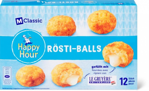 Piccoli pezzi di vetro rosso, Migros ritira "Rösti-Balls Happy Hour M-Classic". 