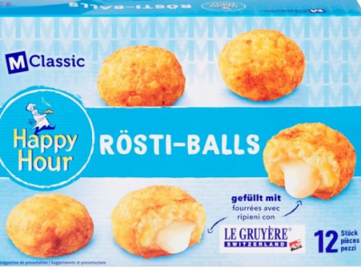 Piccoli pezzi di vetro rosso, Migros ritira "Rösti-Balls Happy Hour M-Classic". 