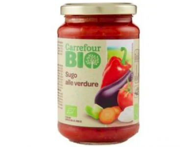 Frammenti di vetro nel sugo alle verdure biologico a marchio Carrefour Bio. 